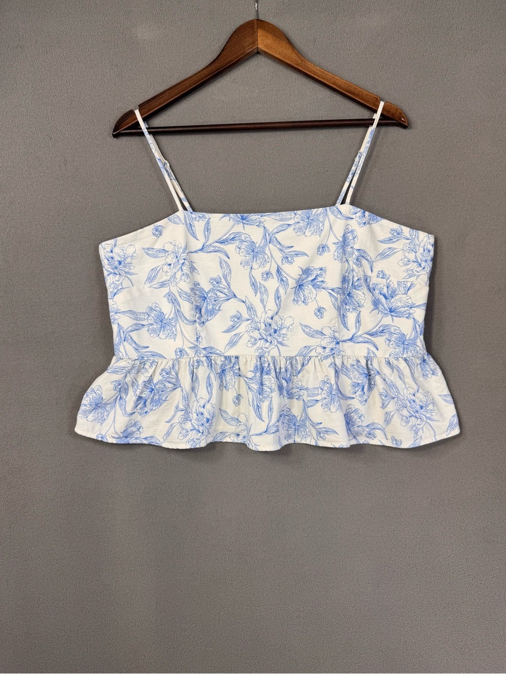 Blue and White Floral Peplum Cami Tank Top Blouse, XL